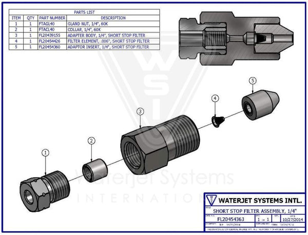 ショートストップ  フィルター アセンブリー（アダプタボディを含む） 1/4"【WSI  P/N: FL20454363】