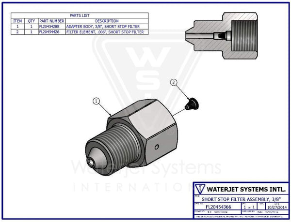 ショートストップ  フィルター アセンブリー 3/8"【WSI  P/N:  FL20454366】