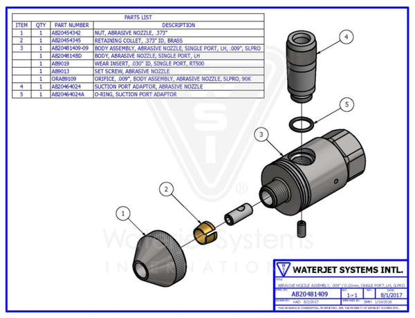 研磨ノズルアセンブリ　.009 "/ .23MM　シングルポート LH  SLPRO  90K【WSI  P/N : AB20481409】