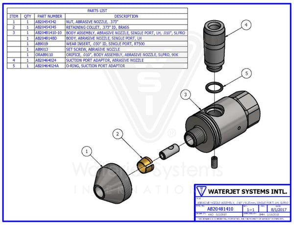 研磨ノズルアセンブリ　.010 "/ .25MM　シングルポート LH  SLPRO  90K【WSI  P/N : AB20481410】