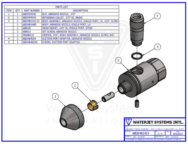 研磨ノズルアセンブリ　.015 "/ .38MM　シングルポート LH  SLPRO  90K【WSI  P/N : AB20481415】