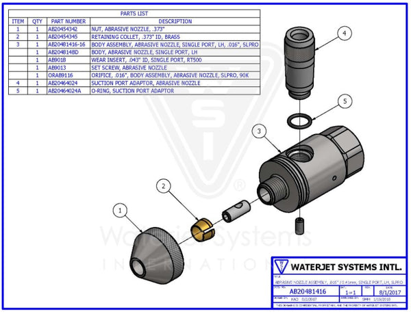 研磨ノズルアセンブリ　.016 "/ .41MM　シングルポート LH  SLPRO  90K【WSI  P/N : AB20481416】