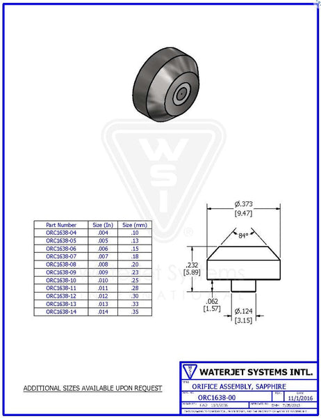 オリフィスアセンブリ、.009インチ/ 0.23 MM、サファイア【WSI  P/N: ORC1638-09】