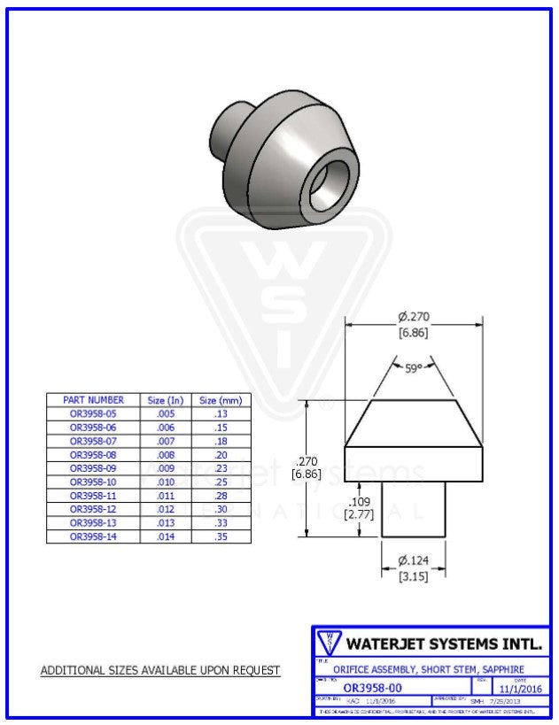 オリフィス アセンブリ .014" / 0.35MM, ショートステムタイプ,  サファイア 【WSI P/N : OR3958-14】