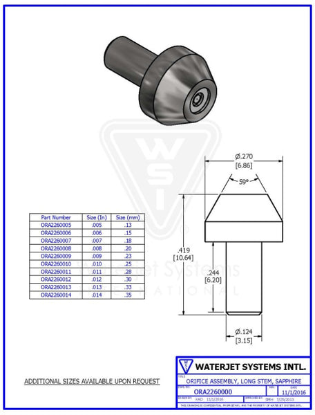 オリフィス アセンブリ .003" / 0.08 MM, ロングステムタイプ,  サファイア【WSI P/N : ORA2260003】