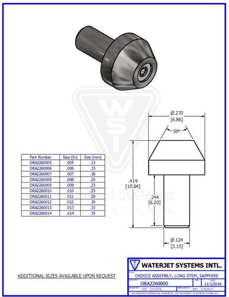 オリフィス アセンブリ.008" / 0.20 MM, LONG STEM,サファイア【WSI  P/N: ORA2260008】