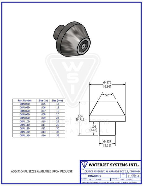 オリフィス アセンブリ  .013" / 0.33 MM, AL研磨ノズル,  ダイヤモンド【WSI  P/N: ORAL13D】