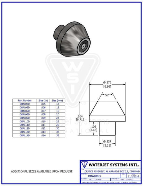 オリフィス アセンブリ  .011" / 0.28 MM, AL研磨ノズル,  ダイヤモンド【WSI  P/N: ORAL11D】