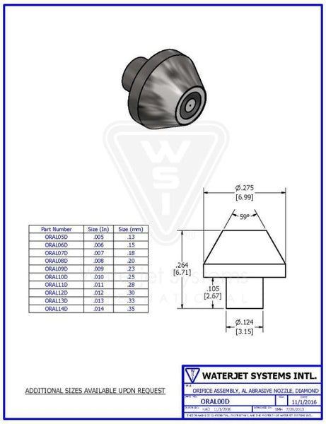 オリフィス アセンブリ  .008" / 0.20 MM, AL研磨ノズル,  ダイヤモンド【WSI  P/N: ORAL08D】