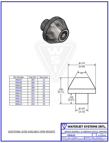 オリフィス アセンブリ  .005" / 0.13MM, AL研磨ノズル,  サファイア【WSI  P/N: ORAL05】