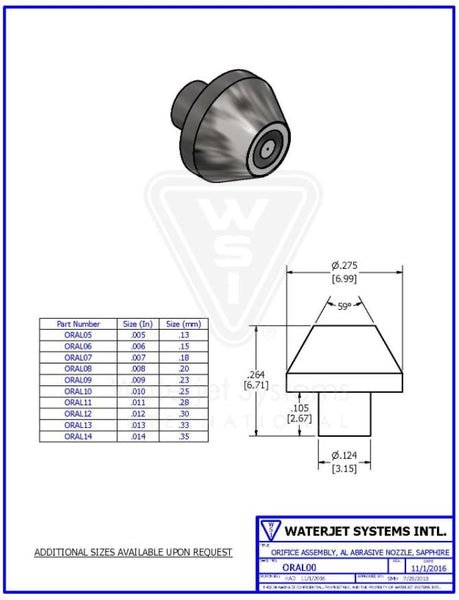 オリフィス アセンブリ  サファイア.009" / 0.23 MM, AL研磨ノズル,  【WSI  P/N: ORAL09】