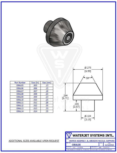 オリフィス アセンブリ  .011" / 0.28 MM, AL研磨ノズル,  サファイア【WSI  P/N: ORAL11】